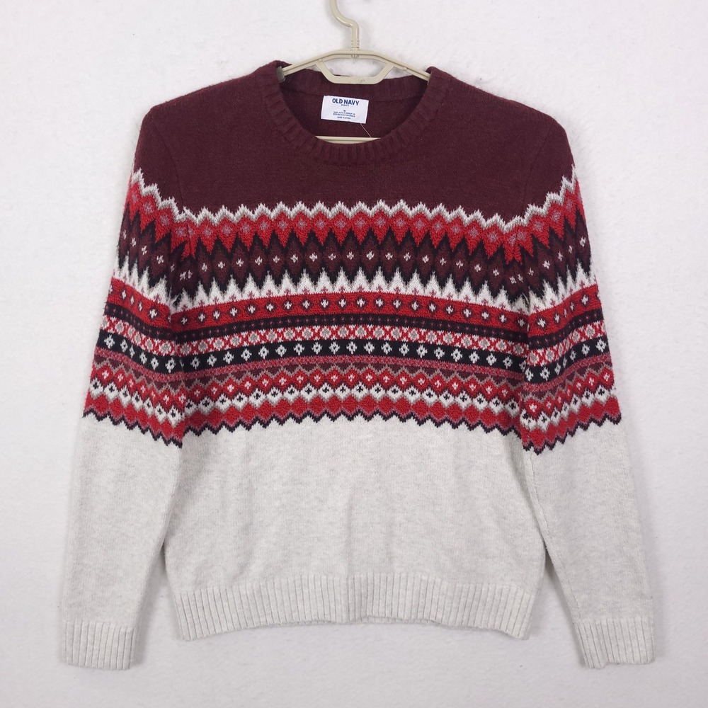 Old Navy Fair Isle Sweater Mens M Burgundy Red Nordic Holiday Pullover NEW